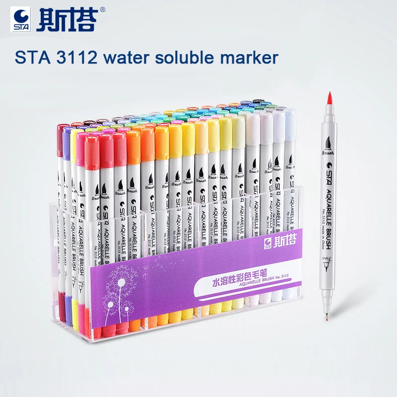 

STA Water Based Ink Twin Tip Sketch Marker Watercolor Double-head 0.4mm Fine Brush 12/24/36/48/80 Color For Anime Drawing Manga