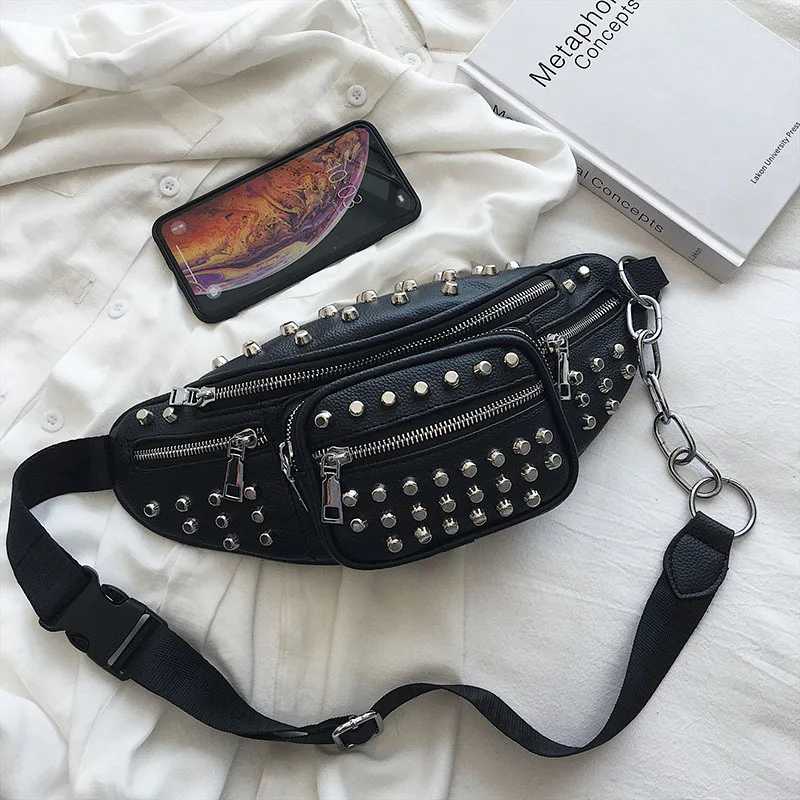 

PU Leather Waist Bag For Women 2019 Female Fashion Fanny Packs Rivets Chest Bags Ladies Waist Pack Designer Shoulder Belt Bag