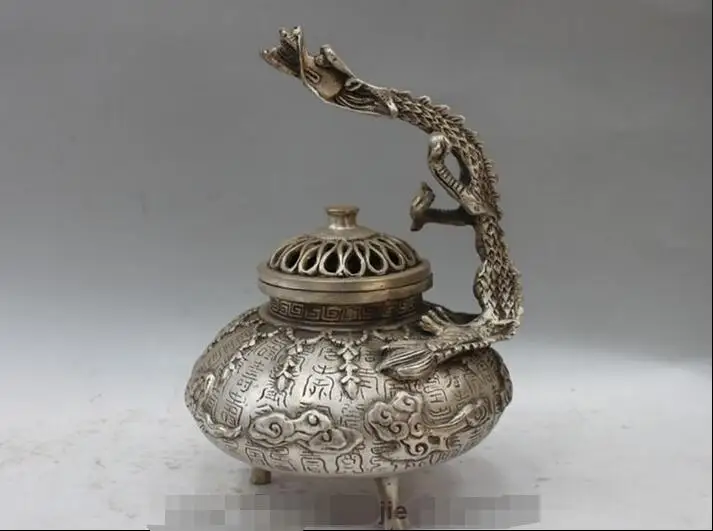 

Tibet Folk Temple White Bronze Silver Flight Dragon Royal incense burner Censer
