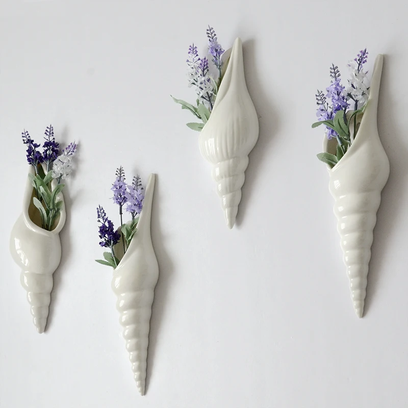 

Hot Conch Wall Hanging Decorative Vases Pure White Ceramic Craft Flower Suspension Mediterranean Style Wedding Background Decor