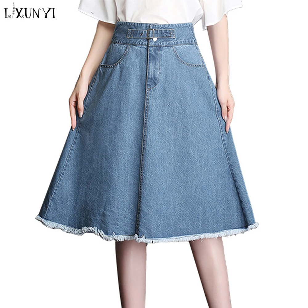 LXUNYI 4XL A Line Denim Skirt Plus Size High Waist Jeans Skirt Women