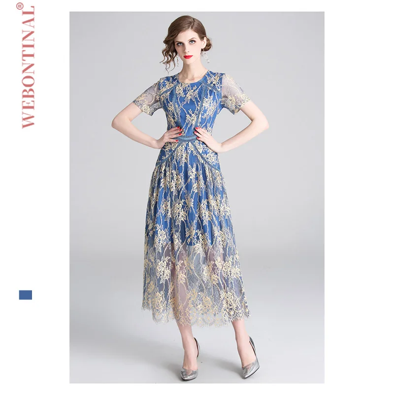

WEBONTINAL Mesh Gold Embroidery Slim Lace Fashion Office Lady A-Line O-Neck Women Dress Ladies Dresses Party Vestidos
