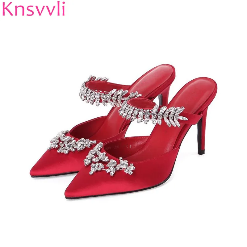 

Luxurious Rhinestone Slippers Woman High Heels Pointed Toe Sexy Crystal Flowers Women Pumps Red Satin Bride Wedding Shoes