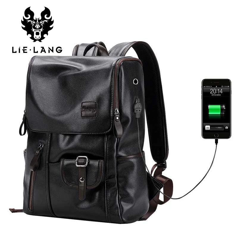 LIELANG حقيبة ظهر بعلامة تجارية الرجال الخارجية USB تهمة الحماية ضد السرقة حقيبة مدرسية بو الجلود السفر حقيبة عارضة Bagpack 14 بوصة كمبيوتر محمول