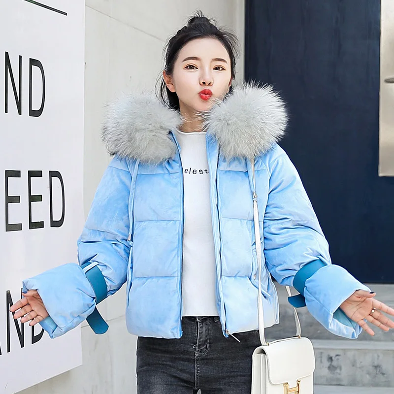 SNOW PINNACLE Autumn Winter short parkas jacket Pink flannel fabric big fur thick warm hooded jacket coat Styled fashion parka - Цвет: Sky blue