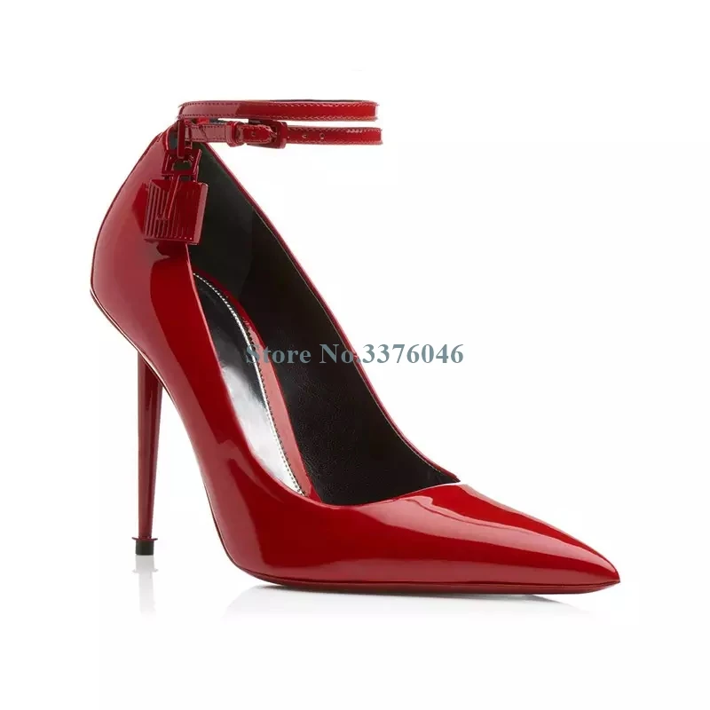 

Red Black Patent Leather Metal Thin High Heel Pumps Snakeskin Lock Pointed Toe Buckle Strap Stiletto Heel Pumps New Ladies Shoes