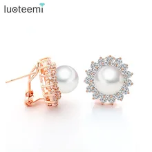 Luoteemi новые моды благородный имитация Серьги с жемчугом как Цветок Ясно, кубический циркон стад brincos для Для женщин девушка свадебные украшения