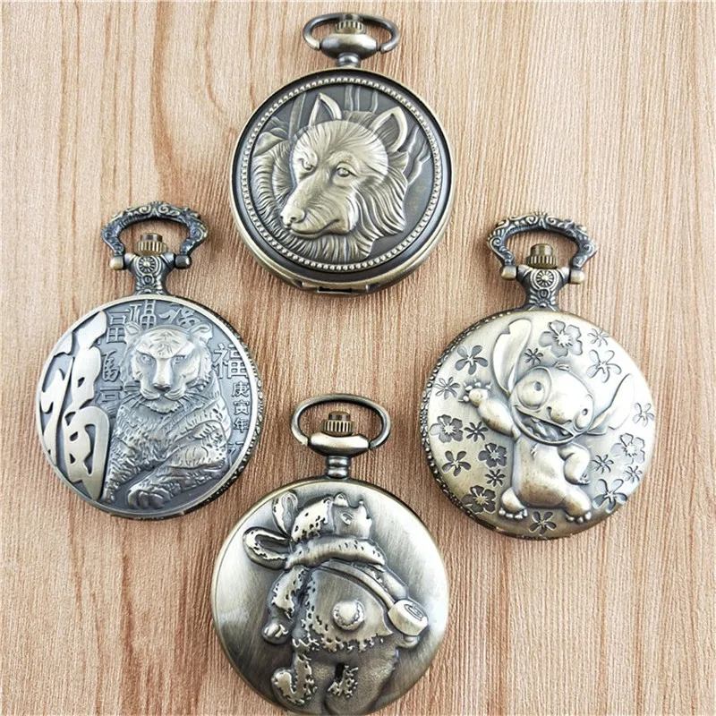 

100pcs Vintage Bronze Mouse+Bear+Lion+Tiger Design White Dial Pocket Watch Pendant Women's And Men's Clock Fob Watch Wholesale