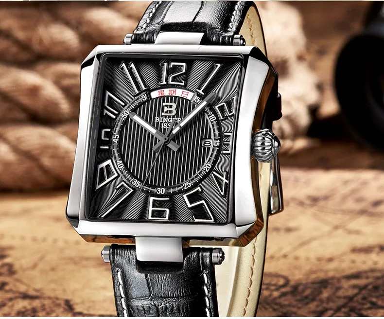 Бингер Для мужчин Часы Повседневные часы Для мужчин Элитный бренд часы черный кожаный ремешок подарки Relogio masculino 30 м Водонепроницаемый