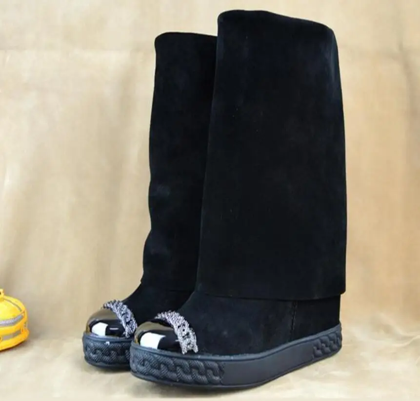 

Metal Chain Suede Mid-calf Woman Winter Boots Round Toe Height Increasing Black Woman Shoes New Designer Rome Woman Boots