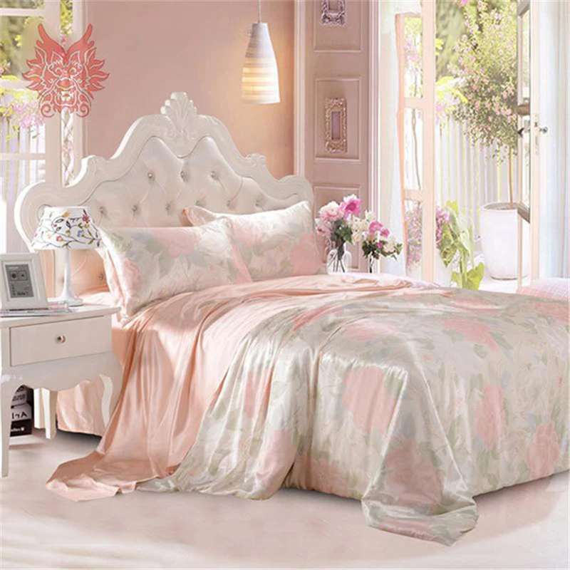 Home-textile-Luxury-pink-floral-print-19mm-100-silk-bedding-sets-duvet-cover-pillowcase-bedding-sheet