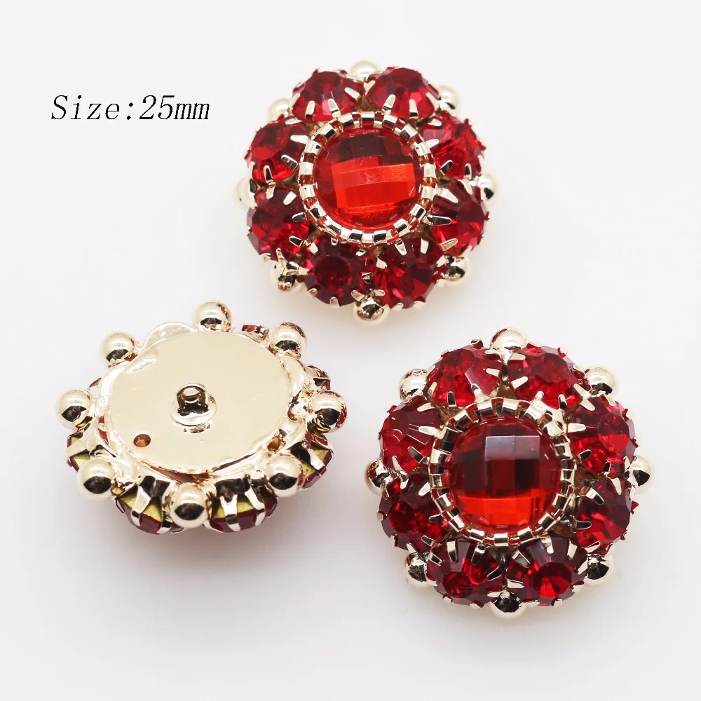 

New 10PCS 25MM Red Crystal Flower Rhinestone Buttons DIY Craft Embellishment Silver Sewing Supplies Free Shipping