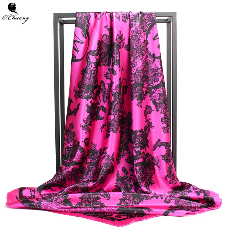 O CHUANG Fashion Silk Scarf Black Flower Print Large Luxury Brand Wraps Shawl Head Foulard Soie Square Women Scarves 90X90