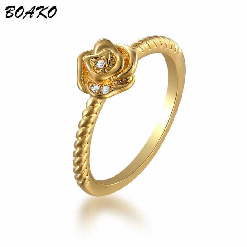 

BOAKO Gold Color Rose Flower Rings For Women Fashion Jewelry Party Rings Ladies Girls Finger Bague Delicate Zircon Crystal Rings