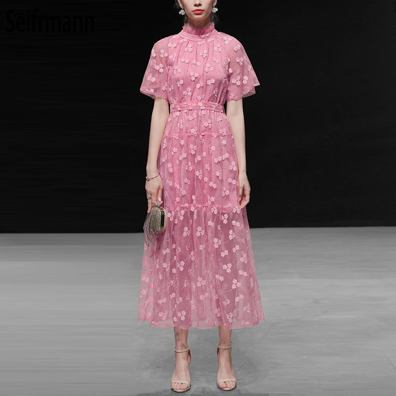 Seifrmann Для женщин летнее платье взлетно-посадочной полосы Модельер Короткий рукав Mesh Overlay цветочной вышивкой Элегантные вечерние длинные