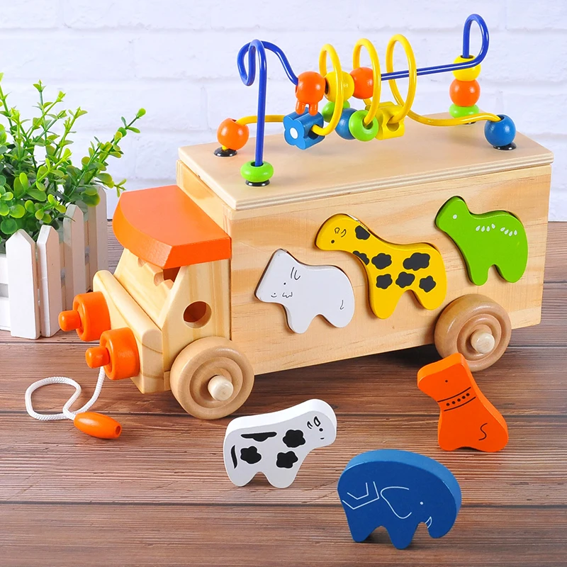 29.68US $ 10% OFF|Candice guo Montessori wooden toy wood animal beads bus transport car model zoo block shape match game baby drag vehicle 1set|Model Building Kits| - AliExpress