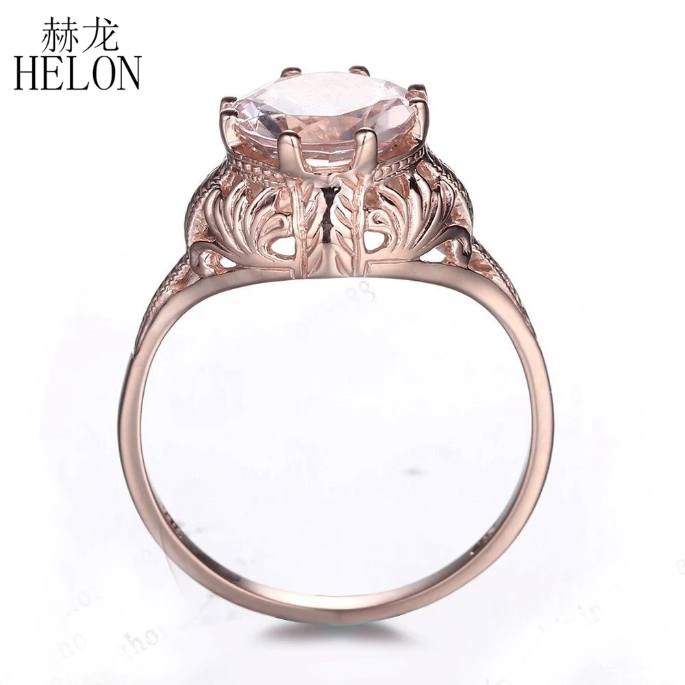 HELON Flawless 8mm Round Pink Morganite Ring Solid 14K Rose Gold Wedding Gemstone Ring Vintage Style Engagement Art Deco Ring