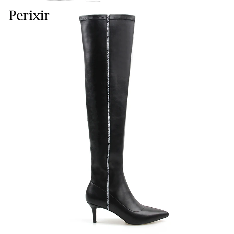 

Perixir Over Knee Boots PU Lycra Thin Heel Pointed Toe High Winter Autumn Spring Black Boots 6 cm Heel High Boots Big sizes
