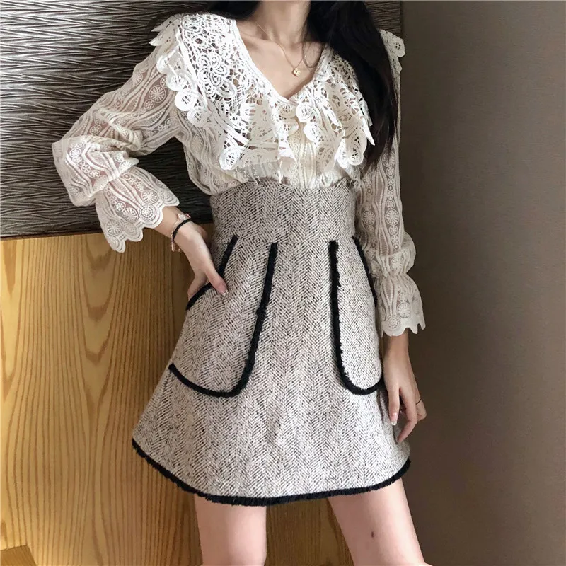 

2PC Fashion Vestidos 2019 New Women Sweet Ruffled Lace Shirts&Suspender Mini Skirt Sets 2 Piece Overall Chic Dress Suits Outfits