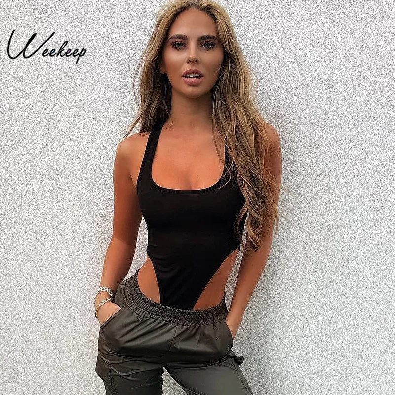 Weekeep Sexy Bodycon sólido alto cintura traje de verano de las mujeres de la entrepierna abierta sin mangas Romper 2019