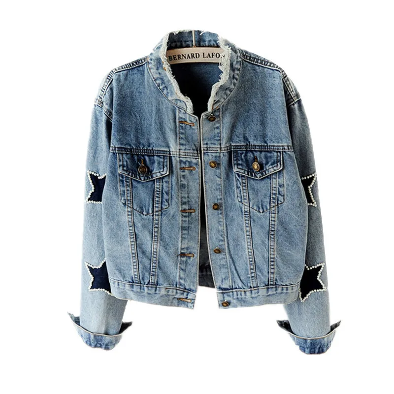 Günstige Frühling Mode Perle Denim Jacke Frauen Vintage Plus Größe Perlen Stern Kurzen Jean Jacken Harajuku Langarm Damen Mantel Frauen