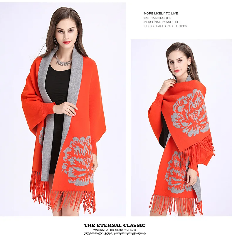 SC143 большой двусторонний шарф, зимнее Вязаное пончо с цветочным принтом, дизайнерский женский шарф с длинными рукавами, двухцветная шаль