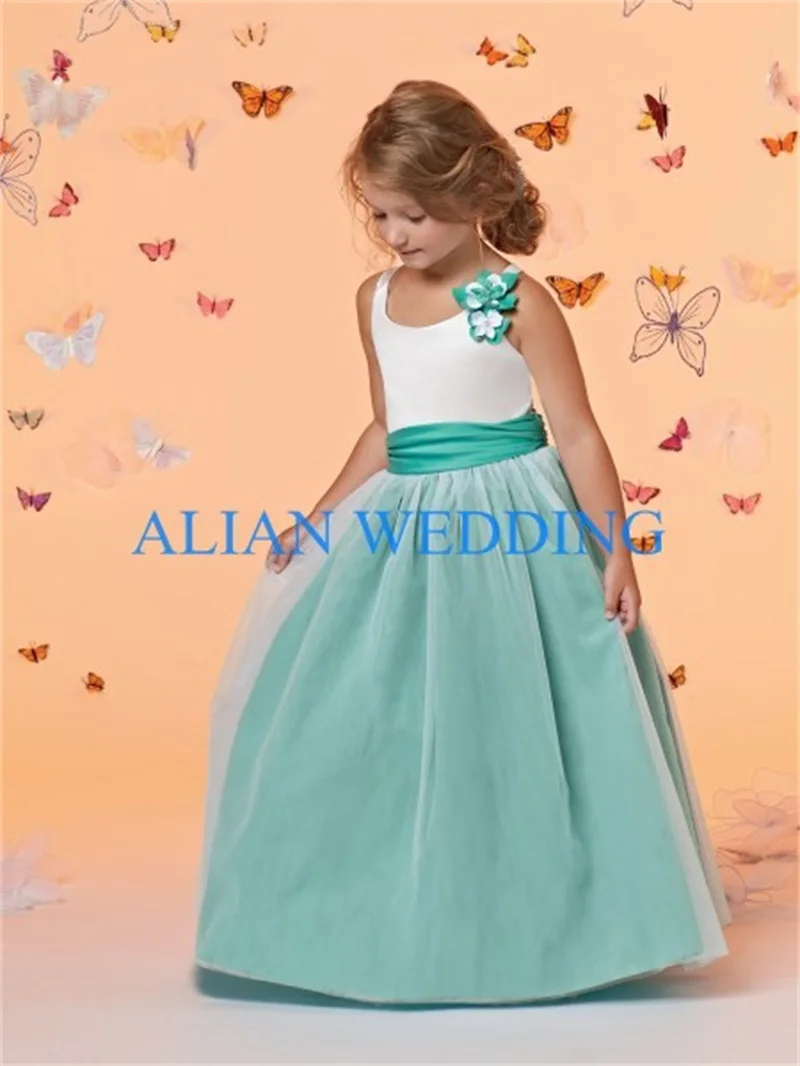 white and teal flower girl dresses