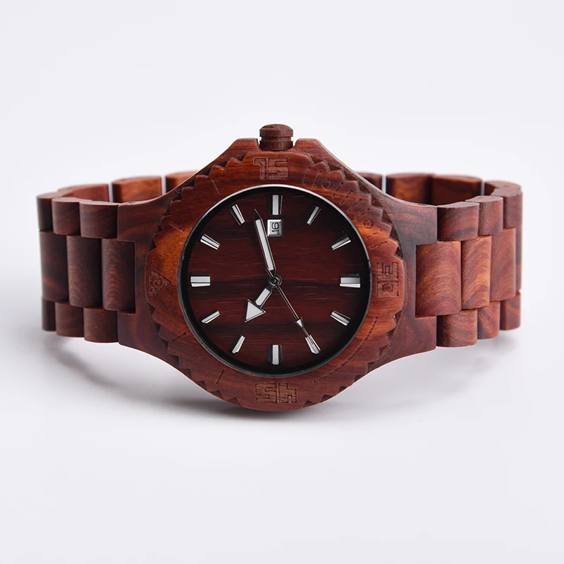 

DWG Retro Red Sandalwood Quartz Movt Watch Men Wood Watch Date Function Solid Wooden Strap Hand Luxury Man Wirstwatch Clock