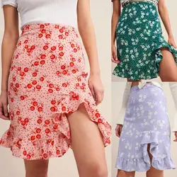 2019 летние юбки с высокой талией в Корейском стиле с эластичной резинкой юбка Повседневное печати оборками песчаный пляж мини-юбка Y528
