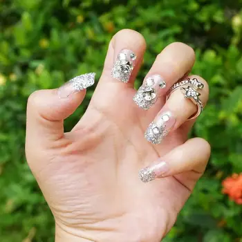 

New 24pieces Glitter Crystal 3D Acrylic Classical Plastic Art Short Fake false Sticker Nail Tips Free Glue Gel [N508]