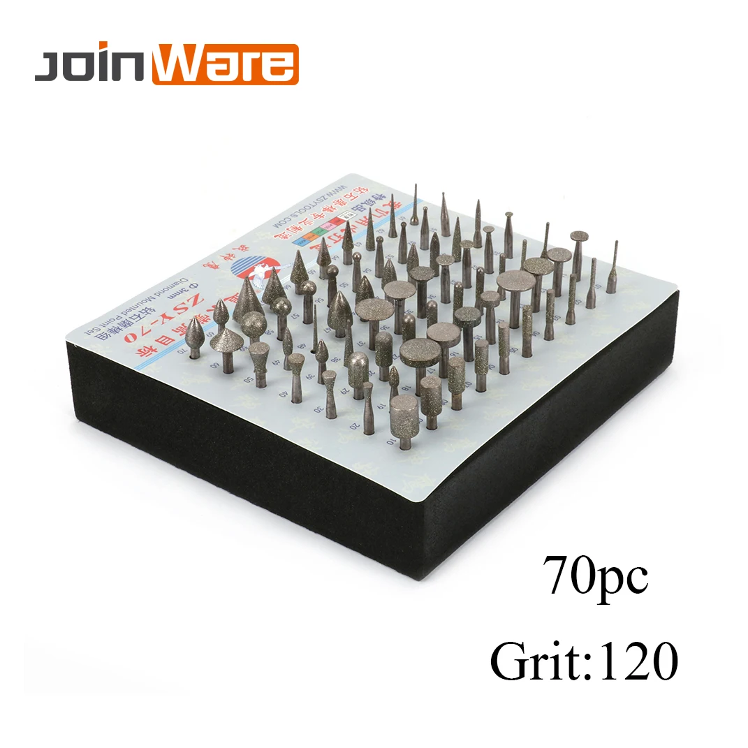 

70Pcs Diamond Brazed Burrs Grinding Needles Coated Head For Electric Drill Rotary Tool Cylinder Rod 3mm Burrs Bur Bit 120 Grit