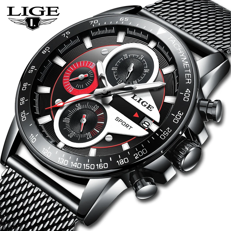Relogio LIGE Mens Watches Top Brand Luxury Casual Quartz Wristwatch Men Fashion Stainless Steel Waterproof Sport Chronograph+Box