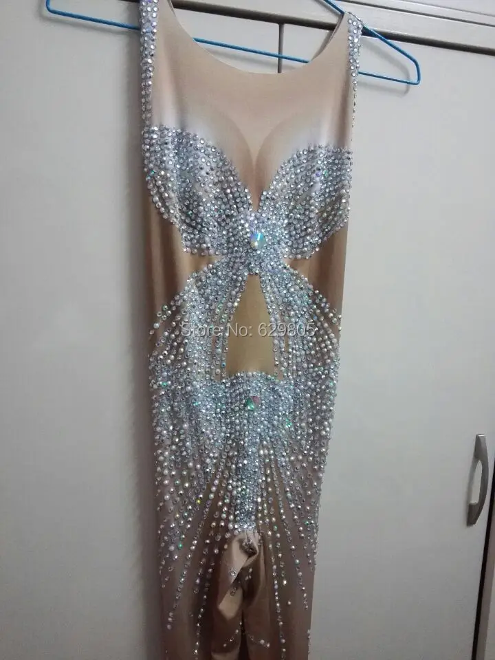 Шикарный комбинезон украшенный кристаллами женский сексуальный комбинезон праздничный костюм сценическая одежда боди Женский певец Стразы телесный цветной наряд