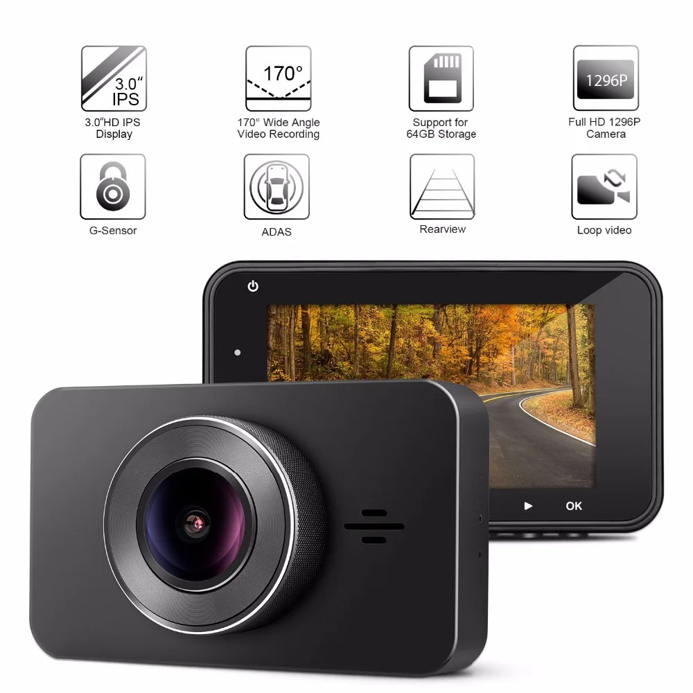 

Panlelo Car DVR Dash Camera Night Vision 1296P Dash Cam 170 Wide Angle 3" IPS Dashcam ADAS/LDWS WDR Camera for Car Recording