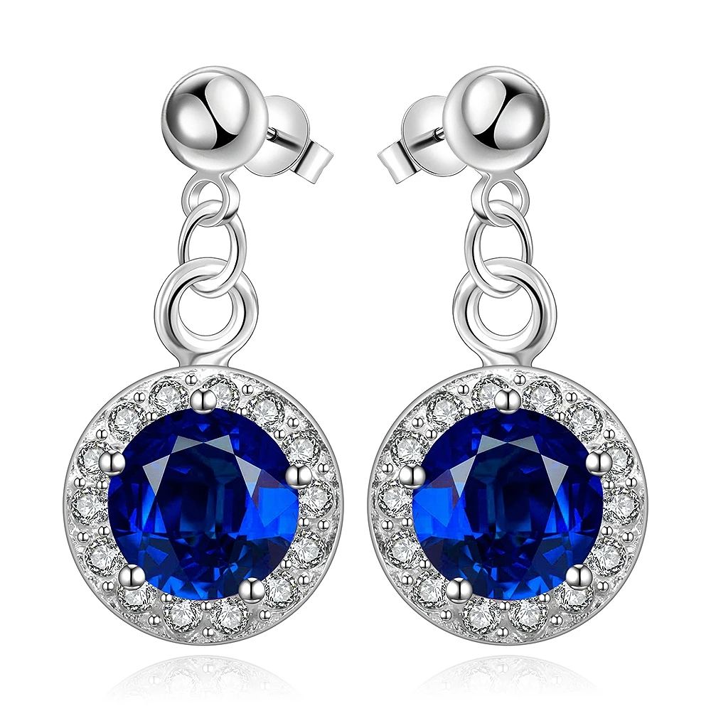 

925 sterling silver round squre with big blue crytal stone bangle drop earring for women girl fine fashion trendy jewerly