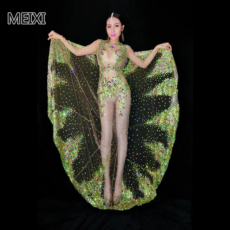 

Sexy atmospheric perspective net gauze green rhinestone dress nightclub concert singer dancer costume