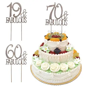 

OOTDTY Gold Glitter 19 60 70 & Fabulous Cake Topper Sign 19/60/70th Birthday Wedding Anniversary Party Cake Decor Supplies