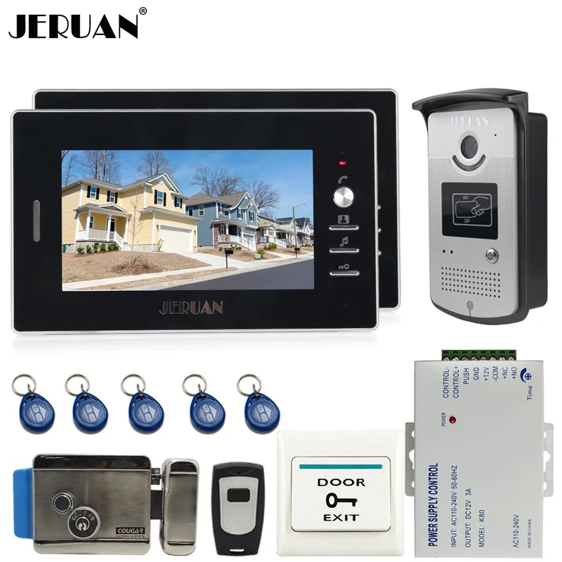 JERUAN 7 "Цвет Экран Видеомонитор Интерком Системы 2 монитора + 700TVL RFID Доступа Камера + пульт Управление + e-замок на складе