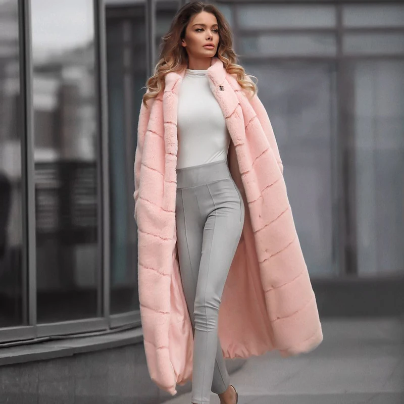 

TOPFUR Plus Size Rabbit Fur Real Fur Coat Winter Natural Fur Coat Pink Color Long Luxurious Casual Women Fur Collar Jacket