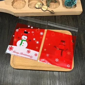 

200 pcs/lot 10 x10 +3 cm Snowman adhesive bag cookies diy Gift Bag for Christmas New Year Party Candy Food Packaging bag