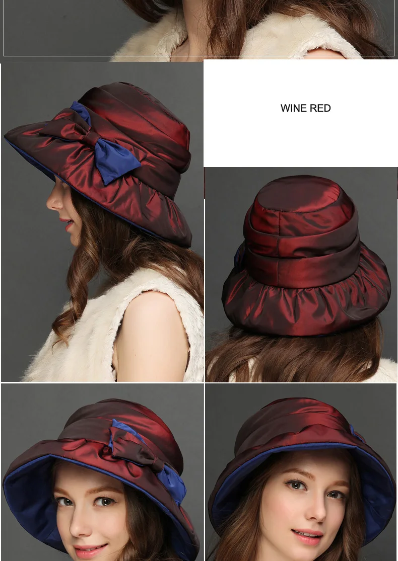 FS, зимние шапки с широкими полями для женщин, складная теплая Кепка, элегантная женская винтажная шапка с бантом, утолщенная двухслойная шляпа-федора