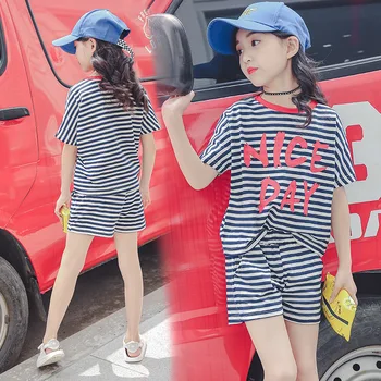 

Black White Striped Kids Girls Clothing Set Summer 2018 Cotton Casual Big Girls T-shirt Top & Shorts Sets 2 Pcs Girls Tracksuits