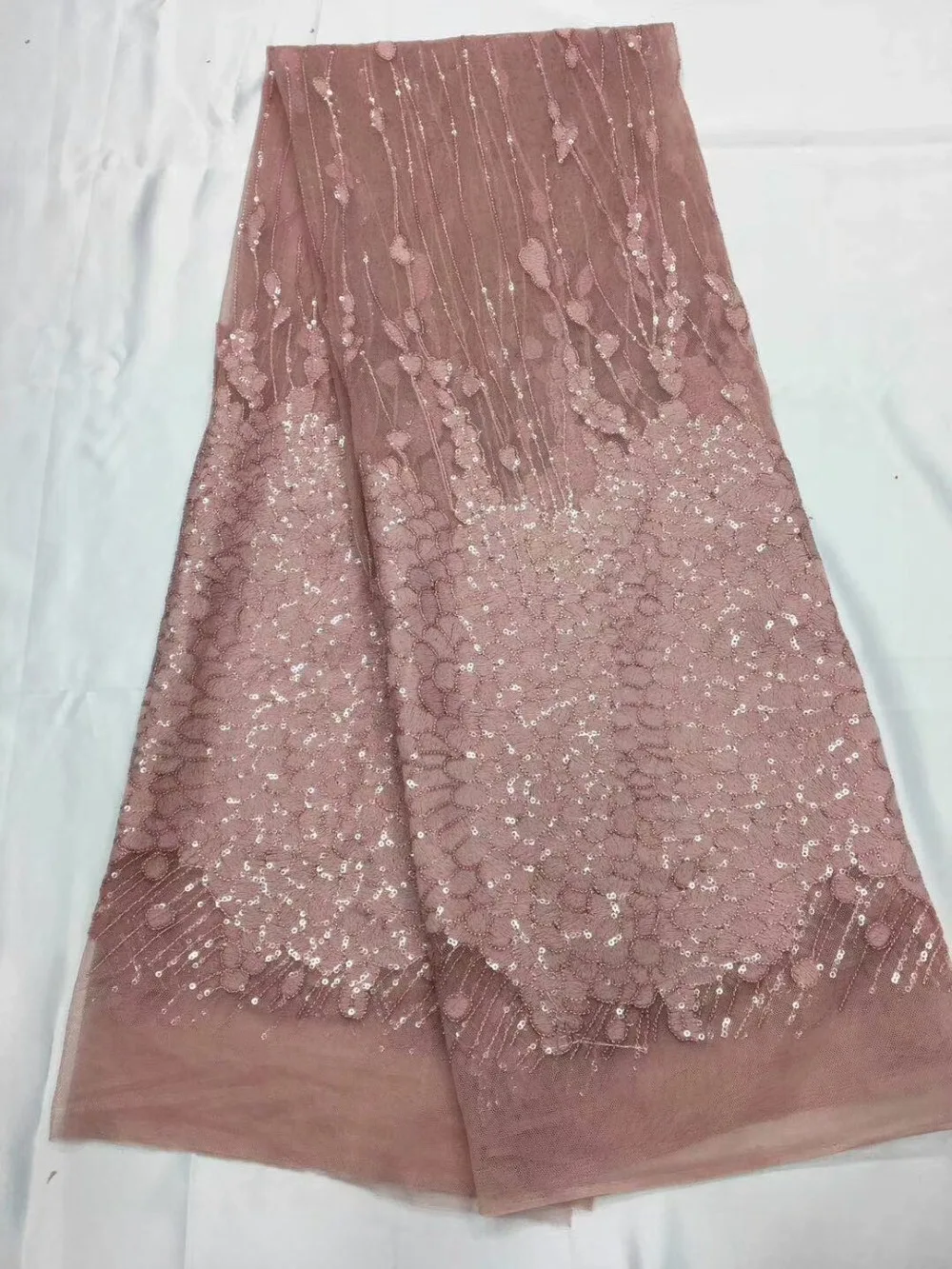 

2018 High Quality French Lace Fabric Tulle Net Lace Fabric Bridal Party Dress Embroidery baby pink With sequins