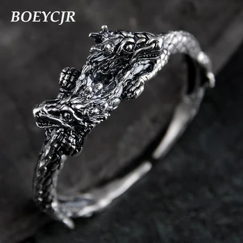 

BOEYCJR S999 Sterling Silver Bangles&Bracelets Fine Retro Jewelry Handmade Ssangyong Double Dragon Open Bangle for Men