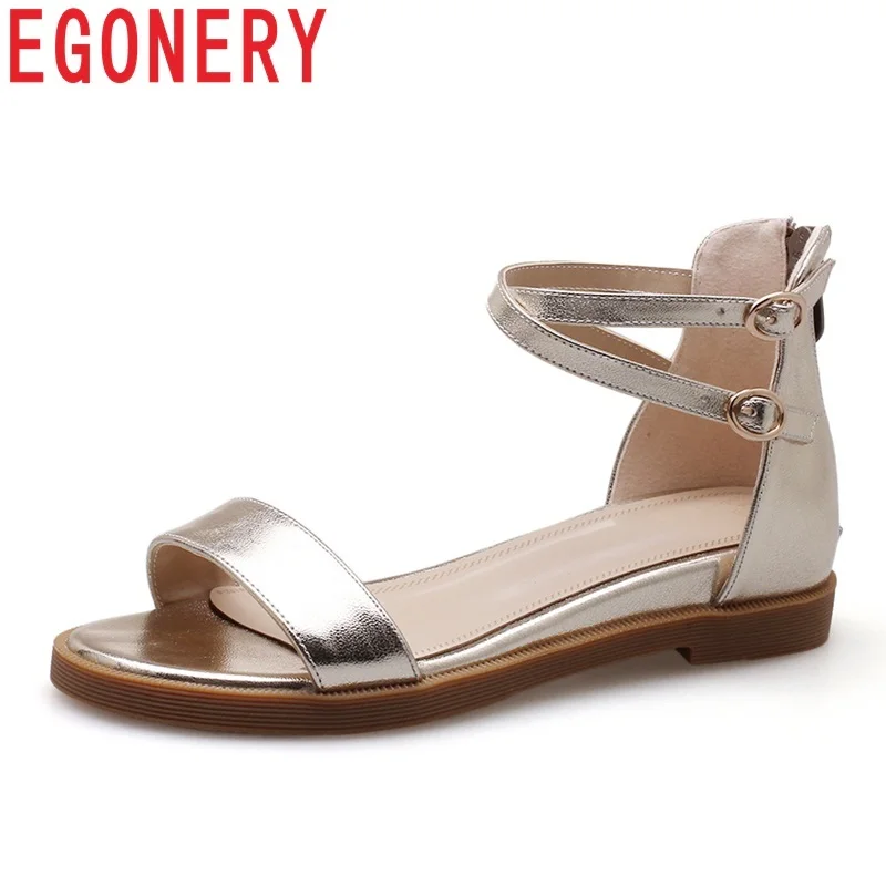 

EGONERY 2018 summer new style cow leather cross-tied low square cover heels outdoor comfortable casual large size women sandals