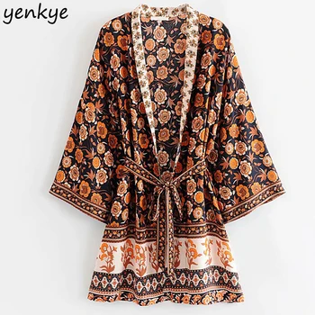 

Boho Vintage Floral Print Kimono Dress Women Sexy V Neck Batwing Sleeve With Belt Holiday Summer Beach Dress Short Plus Size