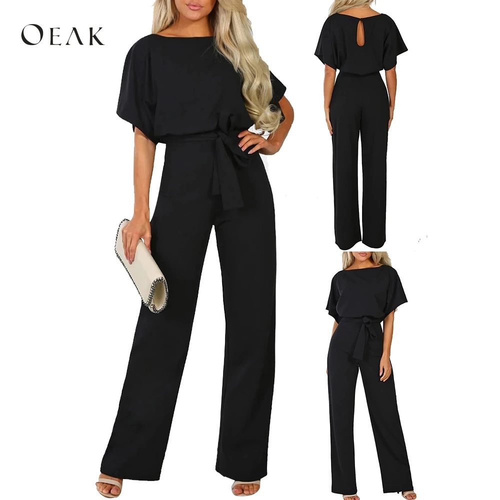 

Oeak 2019 Jumpsuit Women's Summer Short Sleeves Graceful Playsuit Beach Jumpsuit Long Romper Female Solid Casual Romper