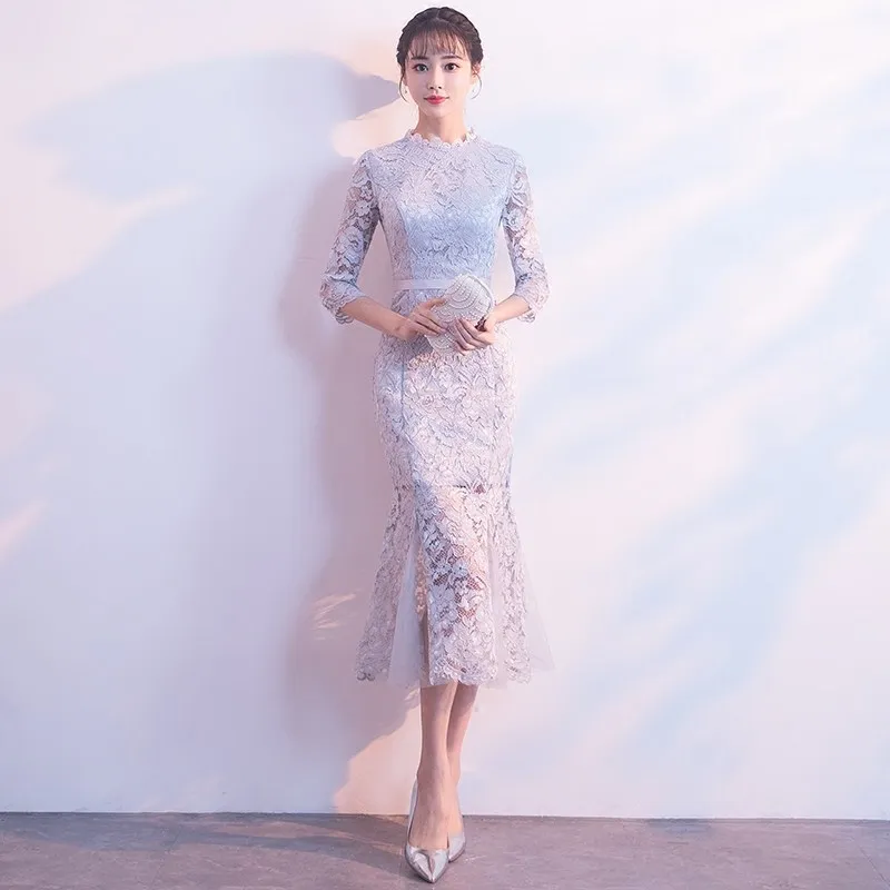 Серое кружевное китайское традиционное платье длинное Ципао для невесты Vestidos