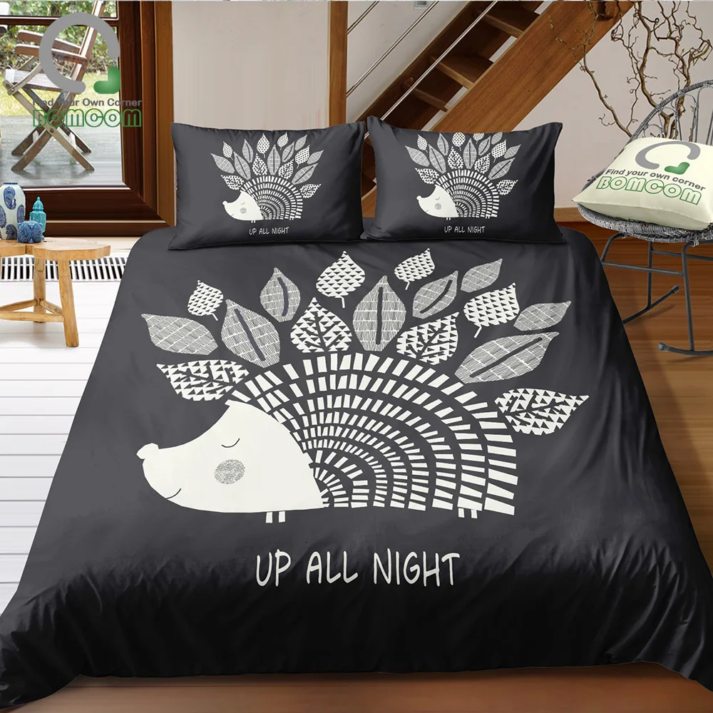 

BOMCOM 3D Digital Printing Hand Drawn Line Art Sleeping Hedgehog Up All Night bedding Sets 100% Microfiber Black & W