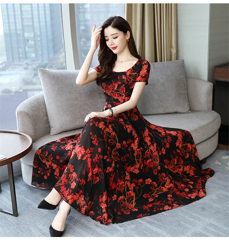 SexeMara Bohemian Style O-Neck Short-Sleeved Printed Temperament Waist Chiffon Long Large Dress 2019 Summer New Style (2)